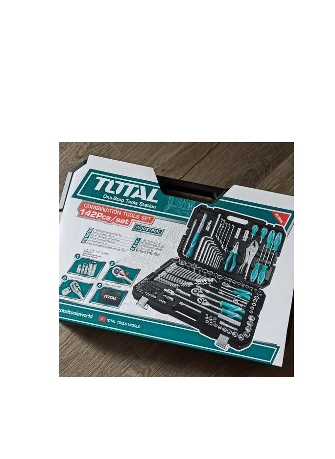 TOTAL 142-Piece Combination Tools Set with 1/2", 3/8", and 1/4" Drive Sockets, Ratchets, Wrenches, Screwdriver Bits, Spanners, Pliers, and More - Complete DIY & Automotive Tool Kit