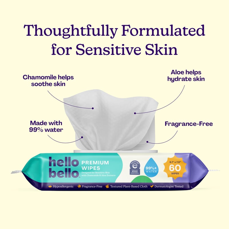 Hello Bello Premium Fragrance-Free Baby Wipes, with Chamomile & Aloe Extracts for Sensitive Skin - 18 Resealable Packs = 1080 Total Wipes - Image 2