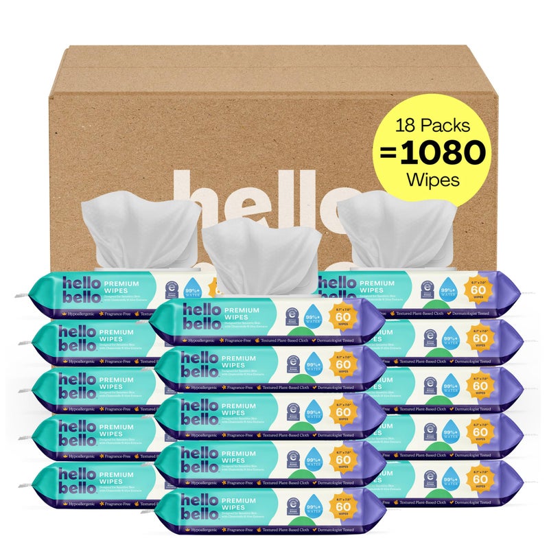 Hello Bello Premium Fragrance-Free Baby Wipes, with Chamomile & Aloe Extracts for Sensitive Skin - 18 Resealable Packs = 1080 Total Wipes - Image 1