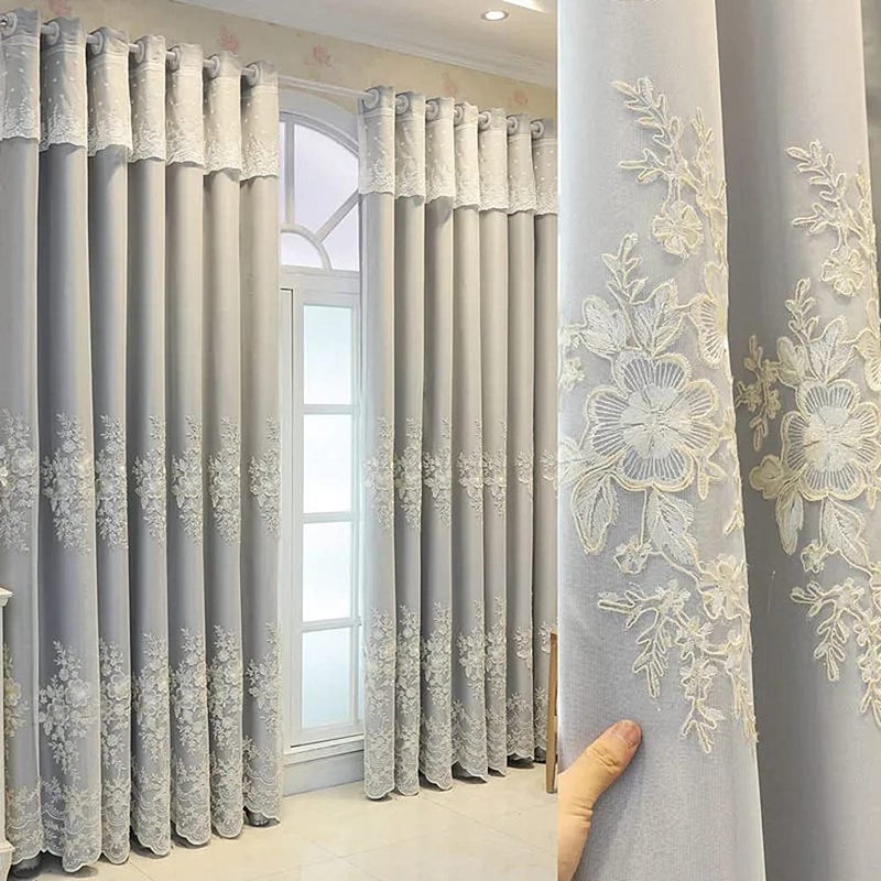Amidoudou 1 Pair European Double Layer Curtains Luxury Flower Embroidered Curtains for Living Room Bedroom (Grey,52x90 Inch) - Image 1