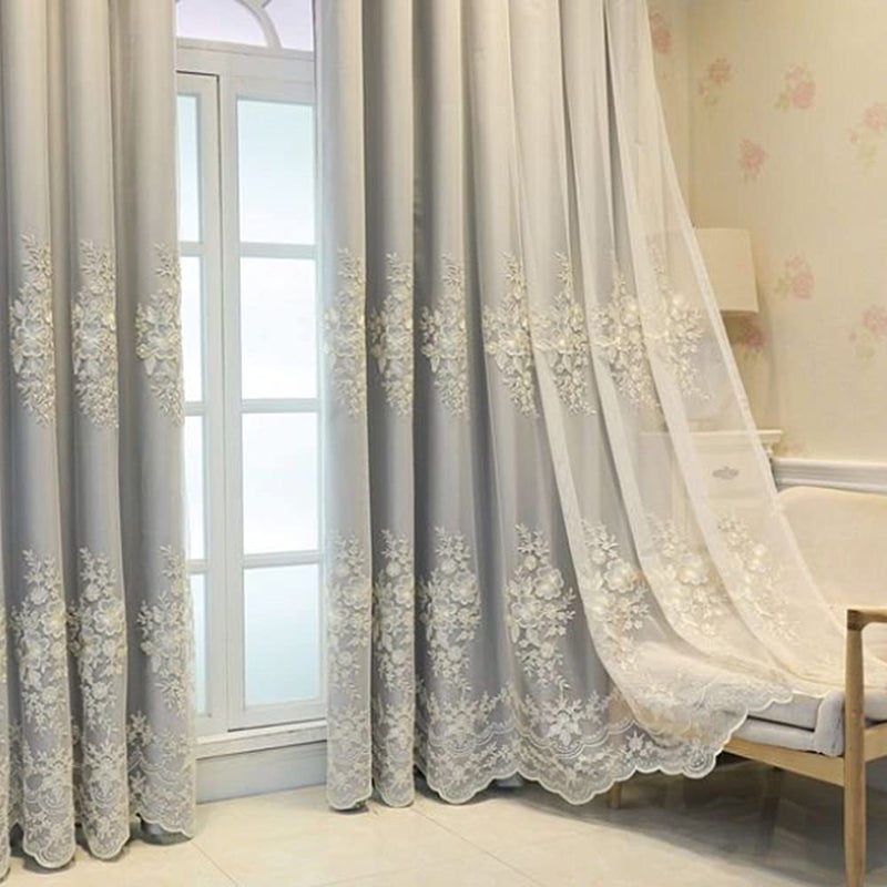 Amidoudou 1 Pair European Double Layer Curtains Luxury Flower Embroidered Curtains for Living Room Bedroom (Grey,52x90 Inch) - Image 5