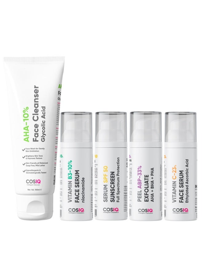 CosIQ Cos-IQ Complete Kit for Glowing & Protect Skin, SPF 50 Sunscreen 30ml, ABP-33% Strong Exfoliating 30ml, Niacinamide Vitamin B3-10% Serum 30ml, Vitamin C-23% Serum 30ml and Glycolic Acid Face Cleanser 100ml - Image 1