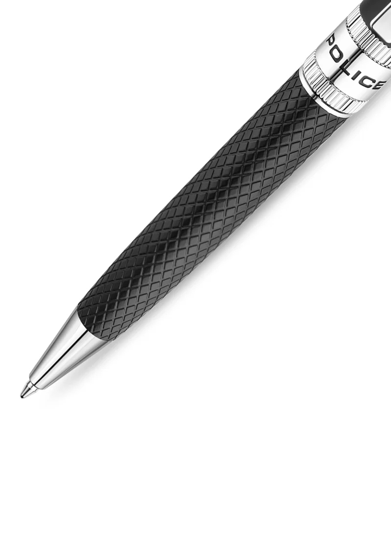POLICE Serif.2 Black Stainless Steel Textured Pen with Silver Trims, Blue Ink - 135 mm
