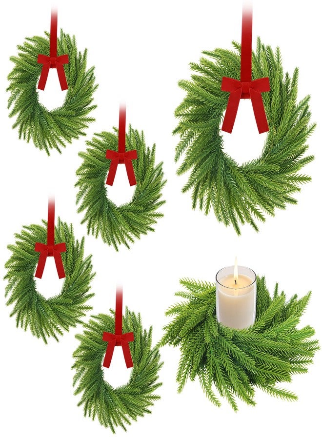 Phoncoo 6 Pcs Christmas Candle Rings Wreaths, Christmas Kitchen Cabinet Wreaths, 7.87" Artificial Norfolk Pine Garland Wreath with Ribbon Bows, Candle Ring Holder for Table Centerpiece Window Chair Wall - Image 1