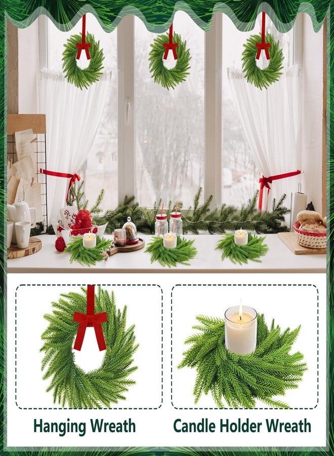Phoncoo 6 Pcs Christmas Candle Rings Wreaths, Christmas Kitchen Cabinet Wreaths, 7.87" Artificial Norfolk Pine Garland Wreath with Ribbon Bows, Candle Ring Holder for Table Centerpiece Window Chair Wall - Image 3