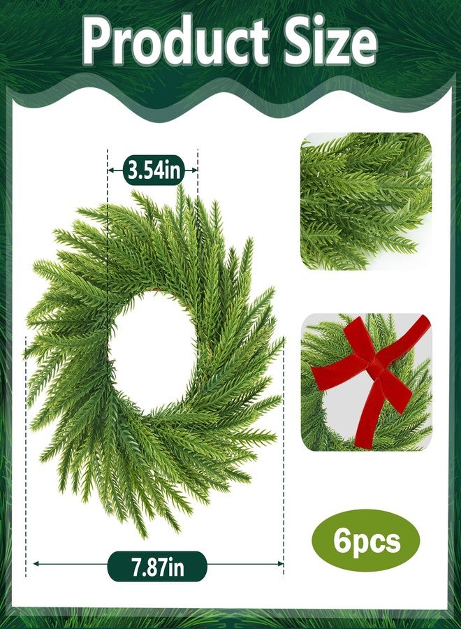 Phoncoo 6 Pcs Christmas Candle Rings Wreaths, Christmas Kitchen Cabinet Wreaths, 7.87" Artificial Norfolk Pine Garland Wreath with Ribbon Bows, Candle Ring Holder for Table Centerpiece Window Chair Wall - Image 2