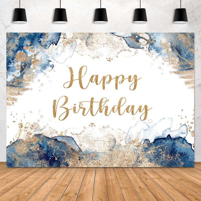 Sensfun Blue and Gold Happy Birthday Backdrop Abstract Watercolor Navy Golden Ink Texture Women Men Bday Photography Background Party Decorations Cake Table Banner Photo Booth Props 7x5ft - Image 4