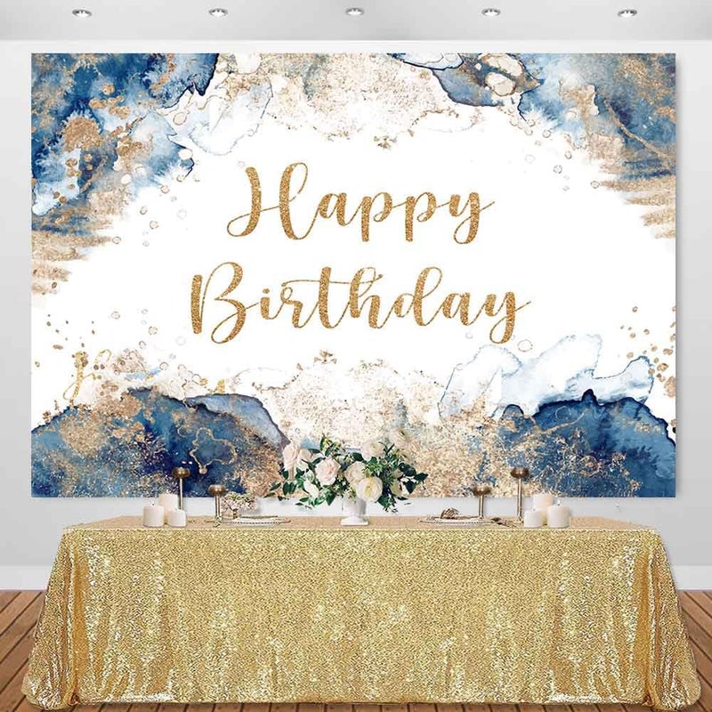 Sensfun Blue and Gold Happy Birthday Backdrop Abstract Watercolor Navy Golden Ink Texture Women Men Bday Photography Background Party Decorations Cake Table Banner Photo Booth Props 7x5ft - Image 2