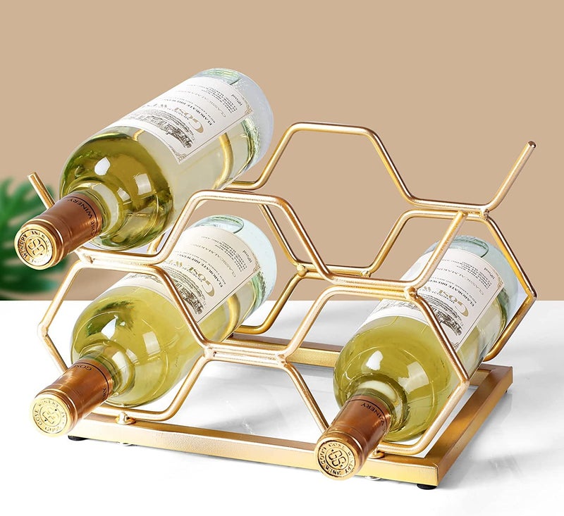 Lavish Craft Wine Bottle Holder Tabletop Wine Rack Countertop 5 Bottle Storage Organizer for Kitchen Home Decor Red Modern Freestanding Metal Wine Rack Hexagone - Image 5