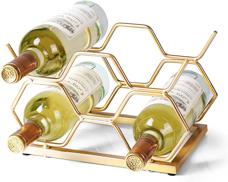 Lavish Craft Wine Bottle Holder Tabletop Wine Rack Countertop 5 Bottle Storage Organizer for Kitchen Home Decor Red Modern Freestanding Metal Wine Rack Hexagone - Image 1