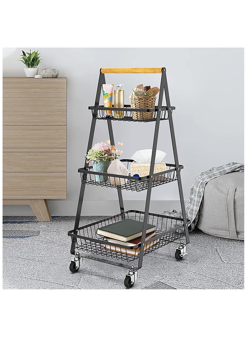 Kitchen Cart 3 Racks Metal Space Saving Storage Cart with Wheels Fruit Basket Storage Basket for Home Garage (Black) - Image 1