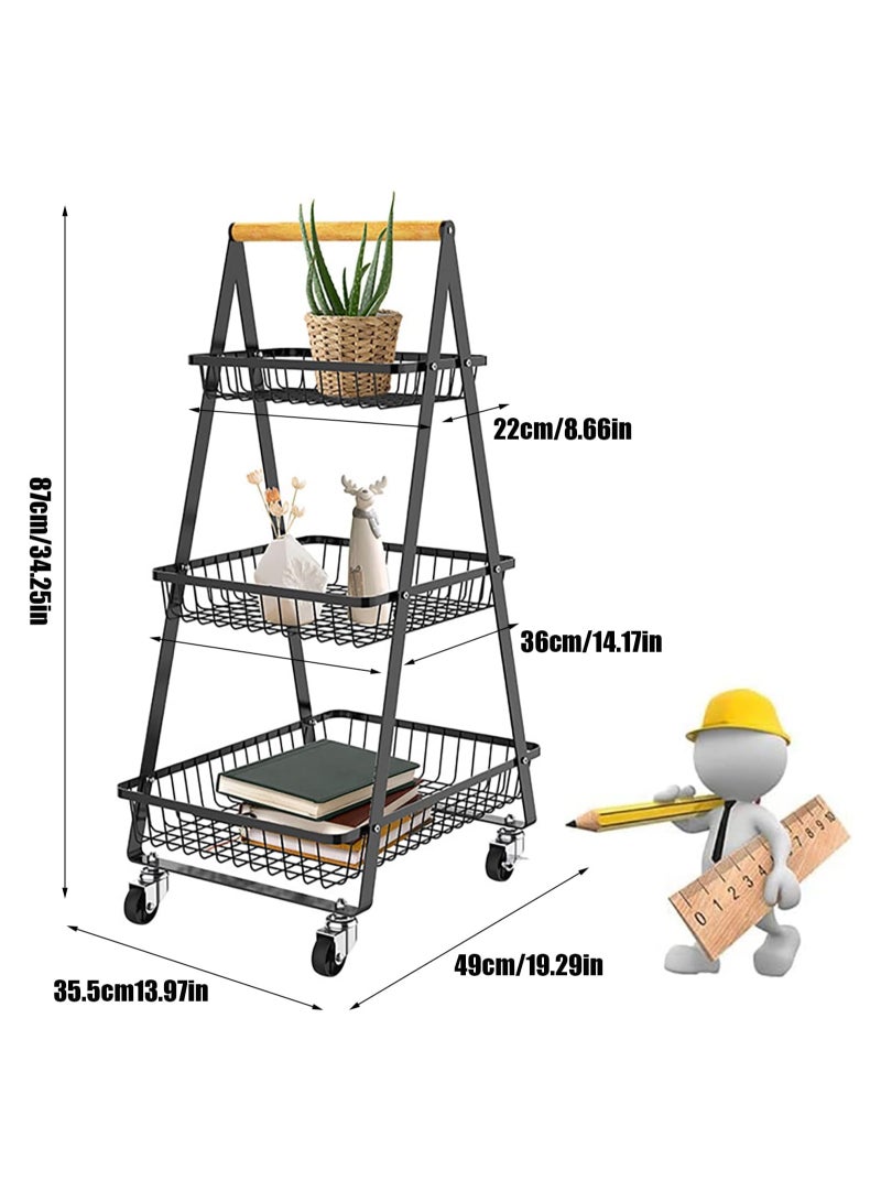 Kitchen Cart 3 Racks Metal Space Saving Storage Cart with Wheels Fruit Basket Storage Basket for Home Garage (Black) - Image 2