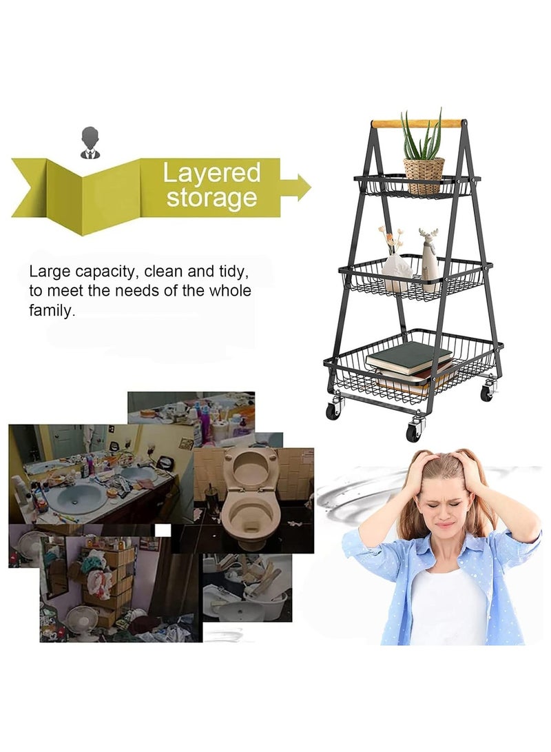 Kitchen Cart 3 Racks Metal Space Saving Storage Cart with Wheels Fruit Basket Storage Basket for Home Garage (Black) - Image 3