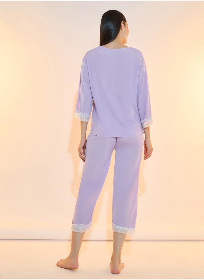 Texture Rib Lace Insert Top and Capri Set