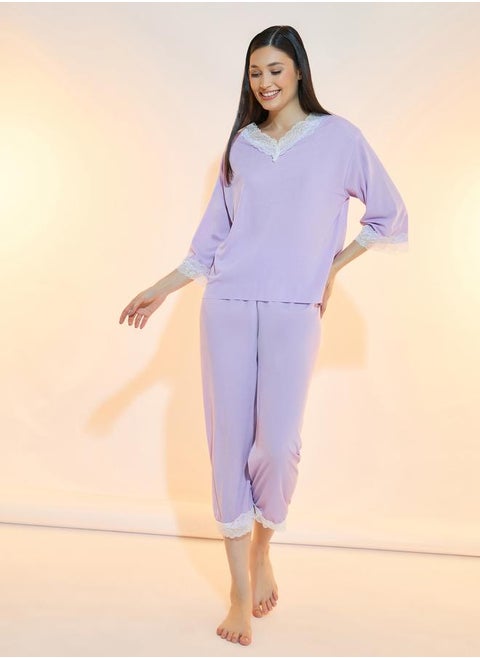Texture Rib Lace Insert Top and Capri Set