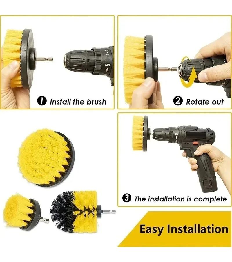 Yellow Electric Drill Brush Kit All Purpose Power Scrubber Cleaning Set for Auto Tires Tile Bathroom Kitchen Surfaces - Image 3