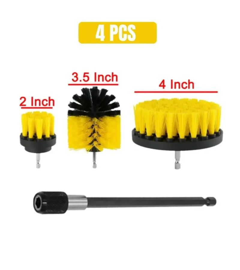Yellow Electric Drill Brush Kit All Purpose Power Scrubber Cleaning Set for Auto Tires Tile Bathroom Kitchen Surfaces - Image 1