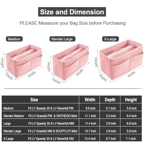 OMYSTYLE Pink Organizer Insert, Felt Tote Bag Organizer Insert with 5 Sizes, Handbag Dividers for Inside Purse, Compatible with Longchamp, Neverful, Speedy and More - Image 4
