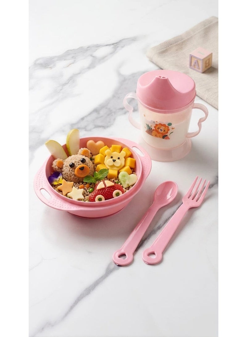 4-Piece Pink Baby and Toddler Feeding Set, Lightweight Feeding Bowl with Handles for Girls, Leak-Proof Training Cup with Handles for Girls, Plastic Spoon and Fork for Toddlers, Toddler Dinner Set for Learning to Feed Themselves, Pink Baby Feeding Set for Girls, Plate and Cup with Spoon and Fork for Baby Girls, Baby Girl and Toddler Feeding and Tableware - Comes in Random Cartoon Designs - Image 5