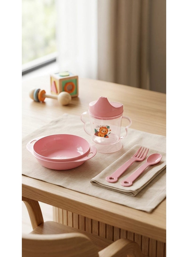 4-Piece Pink Baby and Toddler Feeding Set, Lightweight Feeding Bowl with Handles for Girls, Leak-Proof Training Cup with Handles for Girls, Plastic Spoon and Fork for Toddlers, Toddler Dinner Set for Learning to Feed Themselves, Pink Baby Feeding Set for Girls, Plate and Cup with Spoon and Fork for Baby Girls, Baby Girl and Toddler Feeding and Tableware - Comes in Random Cartoon Designs - Image 1