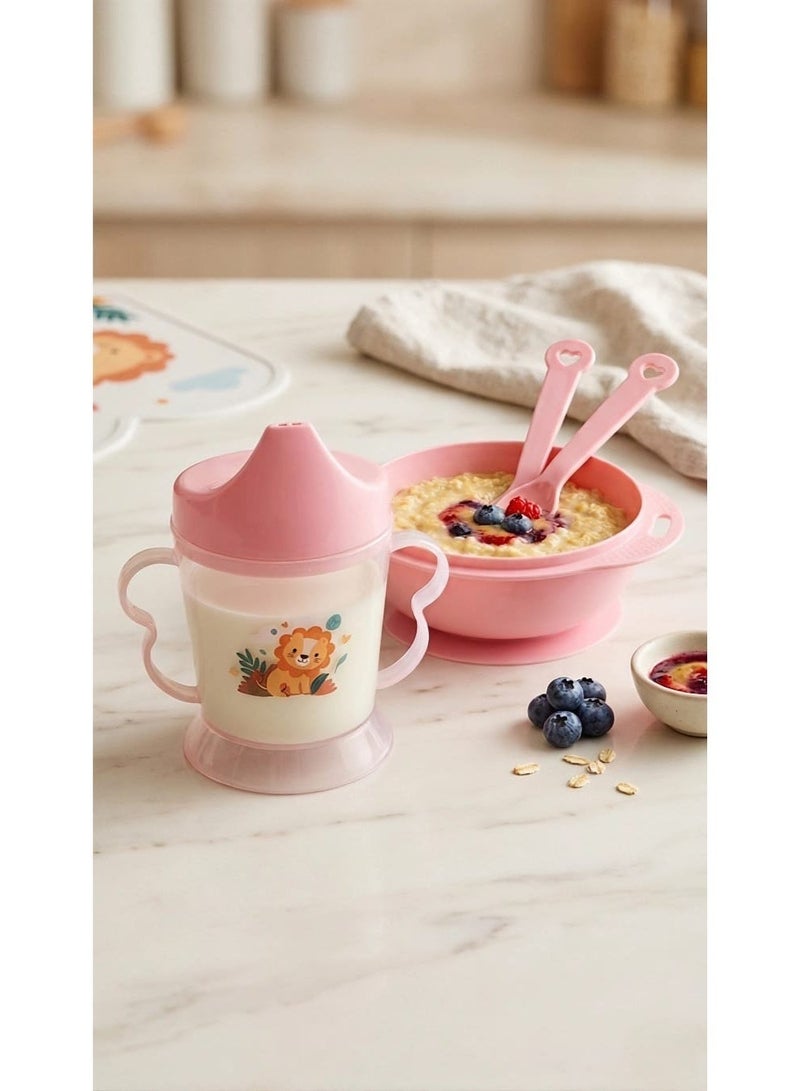 4-Piece Pink Baby and Toddler Feeding Set, Lightweight Feeding Bowl with Handles for Girls, Leak-Proof Training Cup with Handles for Girls, Plastic Spoon and Fork for Toddlers, Toddler Dinner Set for Learning to Feed Themselves, Pink Baby Feeding Set for Girls, Plate and Cup with Spoon and Fork for Baby Girls, Baby Girl and Toddler Feeding and Tableware - Comes in Random Cartoon Designs - Image 4