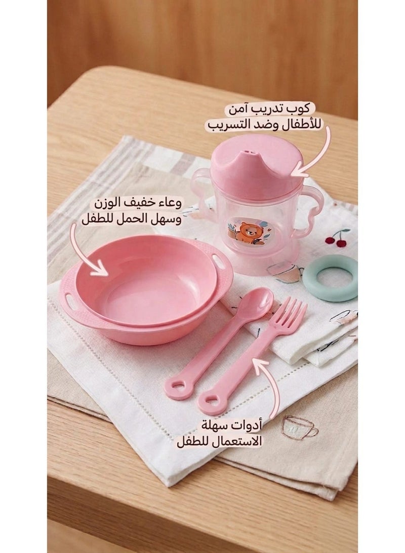 4-Piece Pink Baby and Toddler Feeding Set, Lightweight Feeding Bowl with Handles for Girls, Leak-Proof Training Cup with Handles for Girls, Plastic Spoon and Fork for Toddlers, Toddler Dinner Set for Learning to Feed Themselves, Pink Baby Feeding Set for Girls, Plate and Cup with Spoon and Fork for Baby Girls, Baby Girl and Toddler Feeding and Tableware - Comes in Random Cartoon Designs - Image 2
