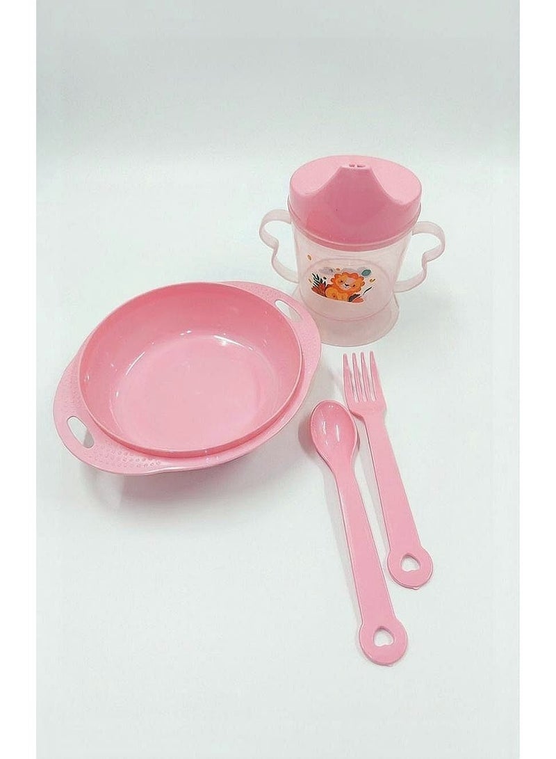 4-Piece Pink Baby and Toddler Feeding Set, Lightweight Feeding Bowl with Handles for Girls, Leak-Proof Training Cup with Handles for Girls, Plastic Spoon and Fork for Toddlers, Toddler Dinner Set for Learning to Feed Themselves, Pink Baby Feeding Set for Girls, Plate and Cup with Spoon and Fork for Baby Girls, Baby Girl and Toddler Feeding and Tableware - Comes in Random Cartoon Designs - Image 3
