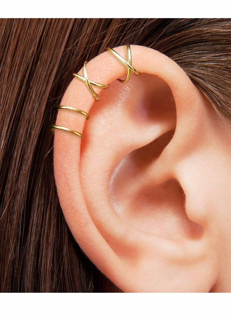 KASTWAVE No Piercing Earcuff, KASTWAVE 4PCS Adjustable Fake Helix Ear Cuff Cartilage Earring, 14K Gold Simple Lines - Image 1