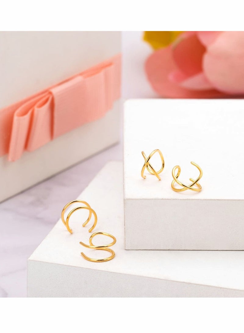 KASTWAVE No Piercing Earcuff, KASTWAVE 4PCS Adjustable Fake Helix Ear Cuff Cartilage Earring, 14K Gold Simple Lines - Image 4