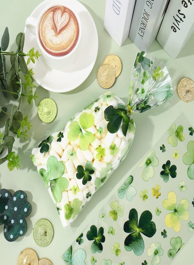 وولاين أكياس سيلوفان من والين، 100 قطعة، لعيد القديس باتريك، مزودة برباطات، أكياس بلاستيكية شفافة بنقشة البرسيم الأخضر، مثالية لتغليف الحلوى والوجبات الخفيفة والبسكويت في حفلات الأعياد الأيرلندية. - Image 3