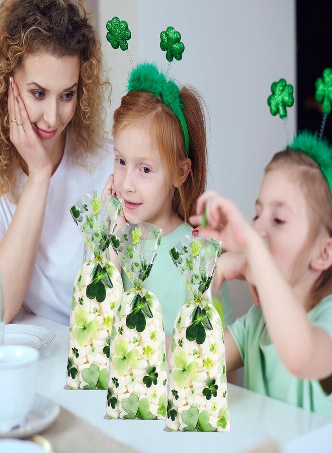 وولاين أكياس سيلوفان من والين، 100 قطعة، لعيد القديس باتريك، مزودة برباطات، أكياس بلاستيكية شفافة بنقشة البرسيم الأخضر، مثالية لتغليف الحلوى والوجبات الخفيفة والبسكويت في حفلات الأعياد الأيرلندية. - Image 5