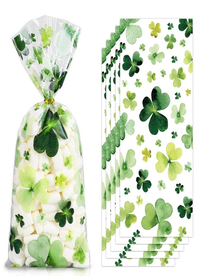 وولاين أكياس سيلوفان من والين، 100 قطعة، لعيد القديس باتريك، مزودة برباطات، أكياس بلاستيكية شفافة بنقشة البرسيم الأخضر، مثالية لتغليف الحلوى والوجبات الخفيفة والبسكويت في حفلات الأعياد الأيرلندية. - Image 1