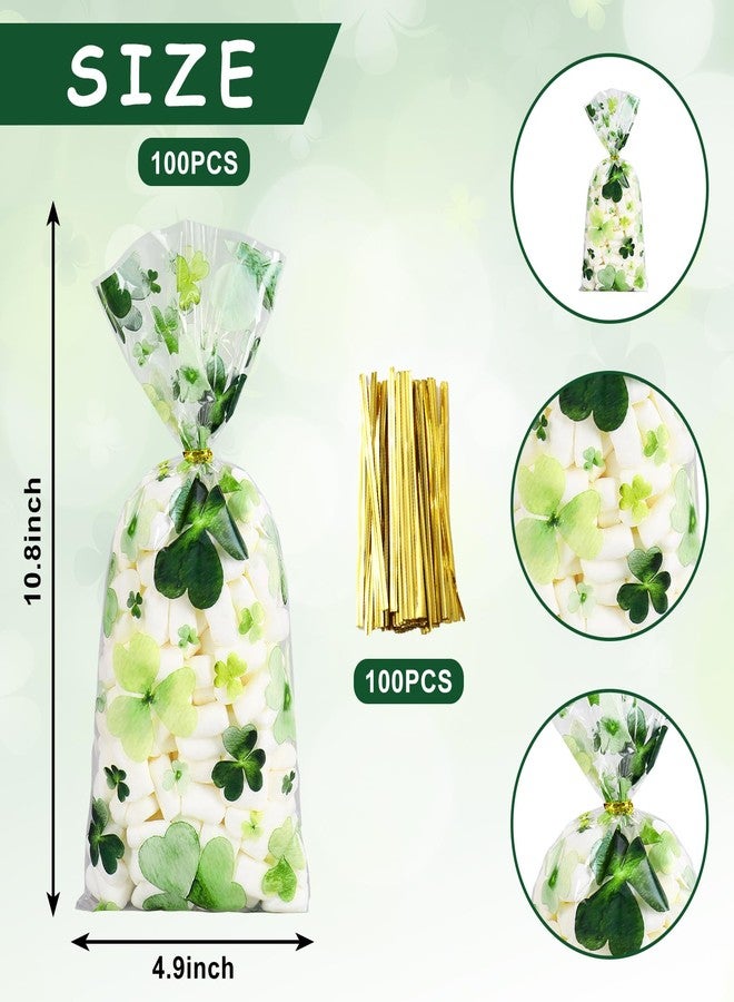 وولاين أكياس سيلوفان من والين، 100 قطعة، لعيد القديس باتريك، مزودة برباطات، أكياس بلاستيكية شفافة بنقشة البرسيم الأخضر، مثالية لتغليف الحلوى والوجبات الخفيفة والبسكويت في حفلات الأعياد الأيرلندية. - Image 2
