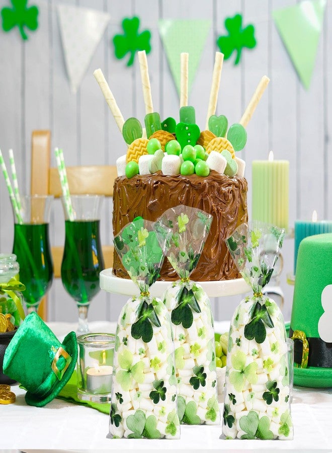 وولاين أكياس سيلوفان من والين، 100 قطعة، لعيد القديس باتريك، مزودة برباطات، أكياس بلاستيكية شفافة بنقشة البرسيم الأخضر، مثالية لتغليف الحلوى والوجبات الخفيفة والبسكويت في حفلات الأعياد الأيرلندية. - Image 4