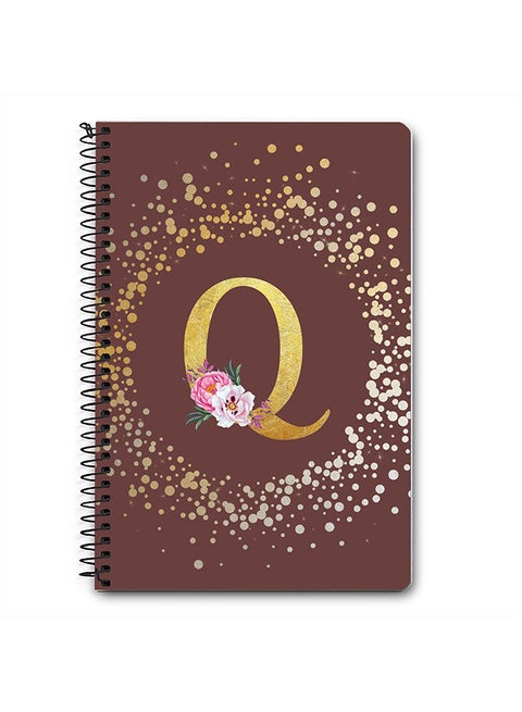 Designer A5 Spiral Notebook Memo Notepad Journal - Custom Monogram Initial Letter Floral Pattern Alphabet - Q - Brown