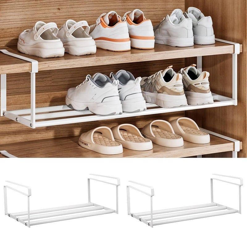 ELECDON 2 Pack Expandable Under Shelf Shoe Rack, Adjustable & Hanging Shoe Organizer for Closets, Heavy-Duty Carbon Steel Storage for Entryway & Cabinet (White) - Image 1