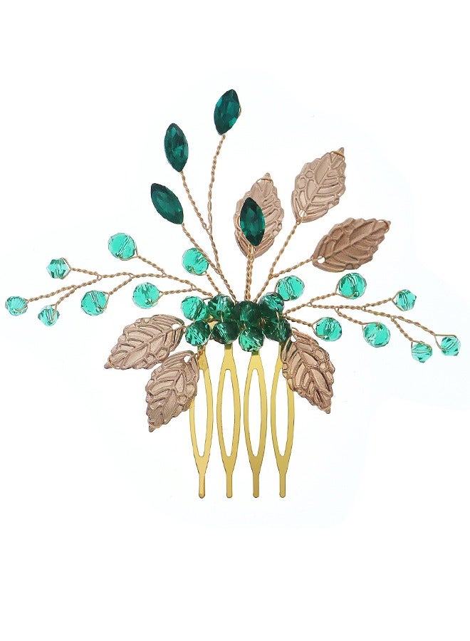 أمشاط شعر على شكل أوراق شجر، دبابيس شعر، مشابك مشط شعر من حجر الراين الأرجواني، مشابك مشط جانبية للشعر، إكسسوارات شعر كريستالية لحفلات الزفاف للنساء والفتيات وصيفات العروس (أخضر + فضي) - Image 1