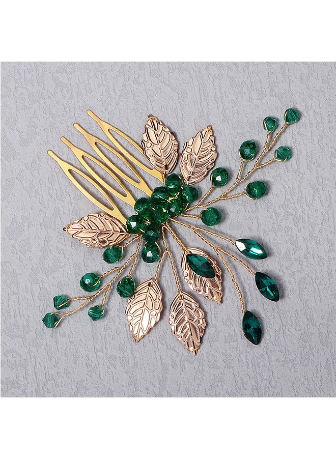 أمشاط شعر على شكل أوراق شجر، دبابيس شعر، مشابك مشط شعر من حجر الراين الأرجواني، مشابك مشط جانبية للشعر، إكسسوارات شعر كريستالية لحفلات الزفاف للنساء والفتيات وصيفات العروس (أخضر + فضي) - Image 3