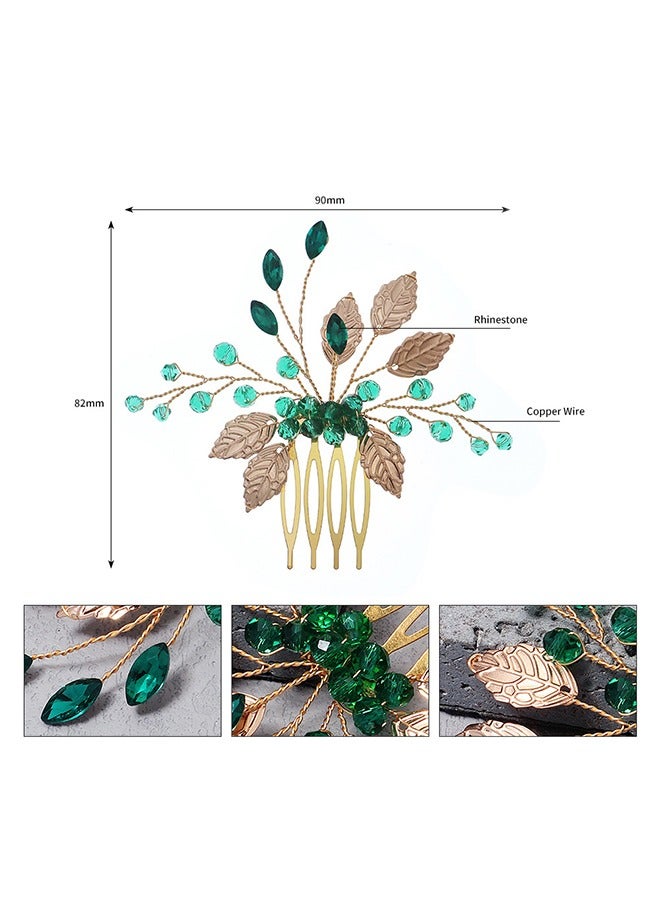 أمشاط شعر على شكل أوراق شجر، دبابيس شعر، مشابك مشط شعر من حجر الراين الأرجواني، مشابك مشط جانبية للشعر، إكسسوارات شعر كريستالية لحفلات الزفاف للنساء والفتيات وصيفات العروس (أخضر + فضي) - Image 2