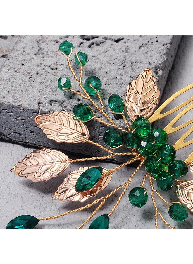 أمشاط شعر على شكل أوراق شجر، دبابيس شعر، مشابك مشط شعر من حجر الراين الأرجواني، مشابك مشط جانبية للشعر، إكسسوارات شعر كريستالية لحفلات الزفاف للنساء والفتيات وصيفات العروس (أخضر + فضي) - Image 4