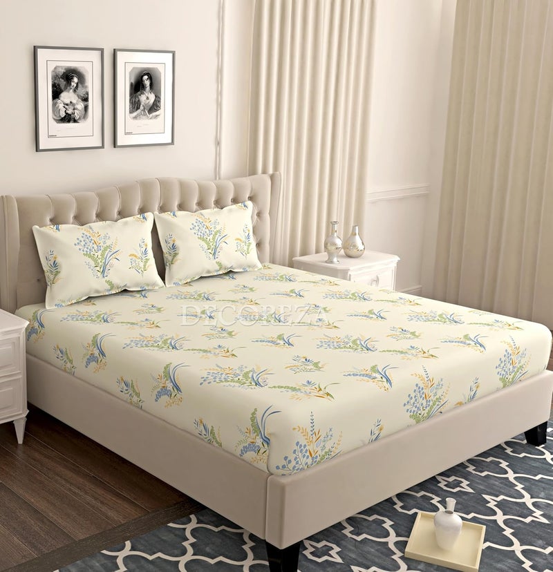 DECOREZA 280 TC Cotton Feel All Around Elastic Fitted Bedsheets Elastic Fitted Bedsheets King Size Bedsheet for Double Bed with 2 Pillow Covers Size 72 x 78 x 8 Inches Cream Floral