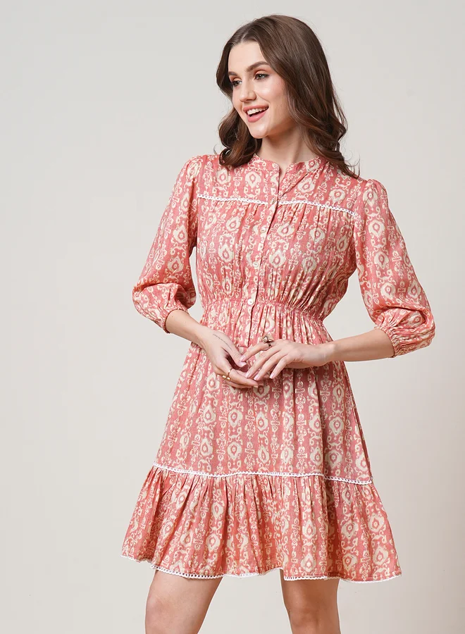 globus Globus Orange All Over Print Lace Insert Mini Dress