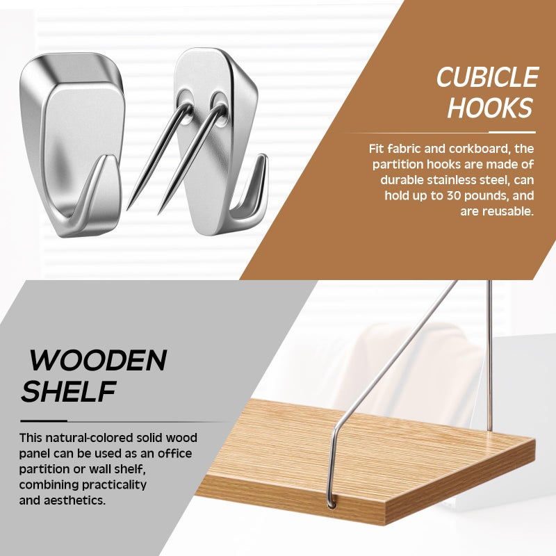 Quzzil 1 Pack Fabric Wall Cubicle Shelf with 40 Lbs Metal Hooks for Wall Decor, 11.8'' Solid Wooden Hanging Organizer Storage Shelf with Hangers Cubicle Accessories for Women Men Desk Office - Image 3
