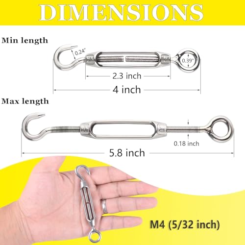 Lsqurel Turnbuckle Lsqurel 10PCS 304 Stainless Steel Turnbuckle Hook and Eye Heavy Duty M4 M6 M8 M10 Tensioner Adjustable Shade Sail Hardware for Tightening up Metal Cable Wire 5/32 1/4 5/16 3/8 - Image 2
