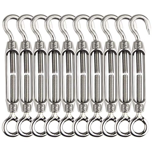 Lsqurel Turnbuckle Lsqurel 10PCS 304 Stainless Steel Turnbuckle Hook and Eye Heavy Duty M4 M6 M8 M10 Tensioner Adjustable Shade Sail Hardware for Tightening up Metal Cable Wire 5/32 1/4 5/16 3/8 - Image 1
