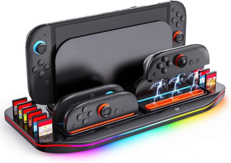 Wechip Multifunctional Charging Station for Switch 2-4 Joypad Controller Charger with LED Indicators, 9 RGB Light Effects, 12 Game Card Slots Desktop Organizer - Image 1