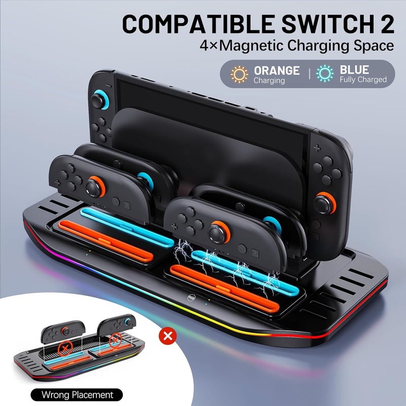 Wechip Multifunctional Charging Station for Switch 2-4 Joypad Controller Charger with LED Indicators, 9 RGB Light Effects, 12 Game Card Slots Desktop Organizer - Image 3