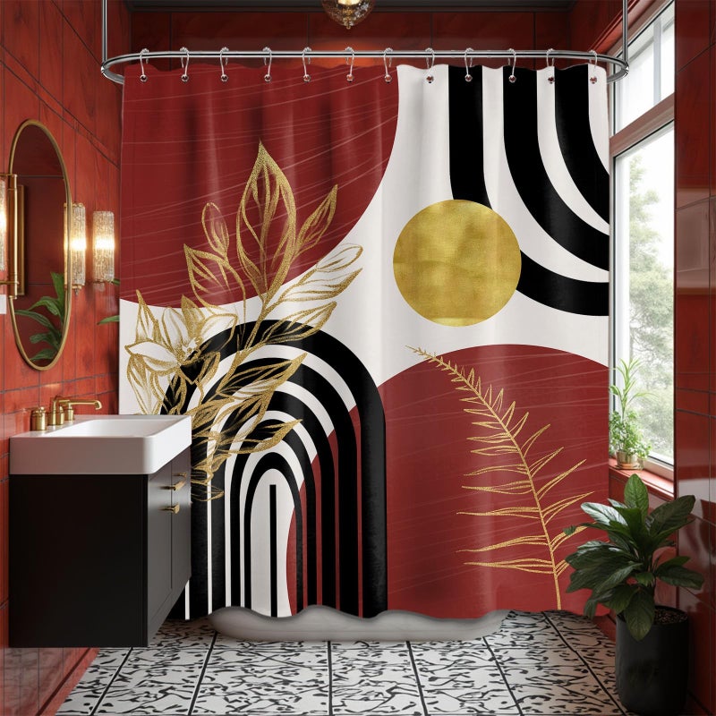 QGHOT Black and Red Shower Curtain Boho Mid Century Burgundy Dark Red and Gold and White Shower Curtains for Bathroom Decor, Waterproof Cloth Fabric with Hooks, 70" W x 72" L - Image 1