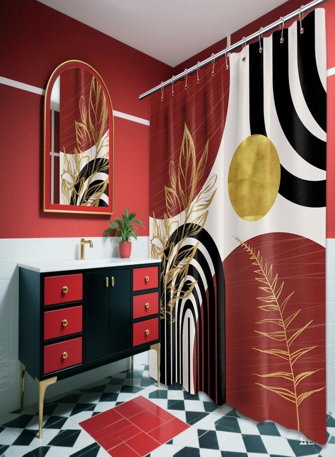 QGHOT Black and Red Shower Curtain Boho Mid Century Burgundy Dark Red and Gold and White Shower Curtains for Bathroom Decor, Waterproof Cloth Fabric with Hooks, 70" W x 72" L - Image 2