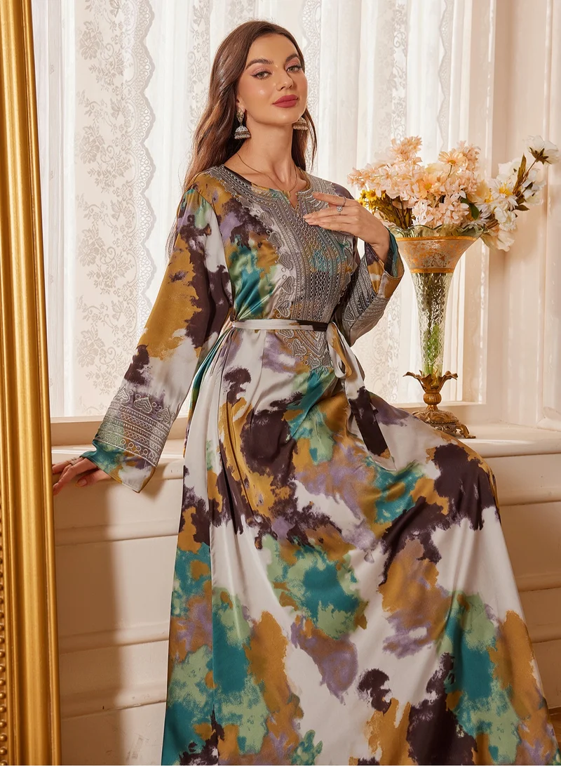 Madam Uniq Colorful Embroidered Long-Sleeve Abaya with Belt – Elegant Women's Traditional Dress